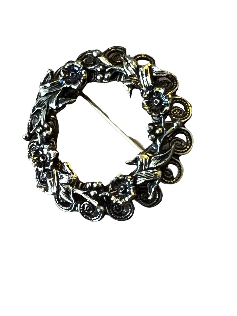 Vintage Floral Filagree Round Wreath Brooch 1.25" diameter