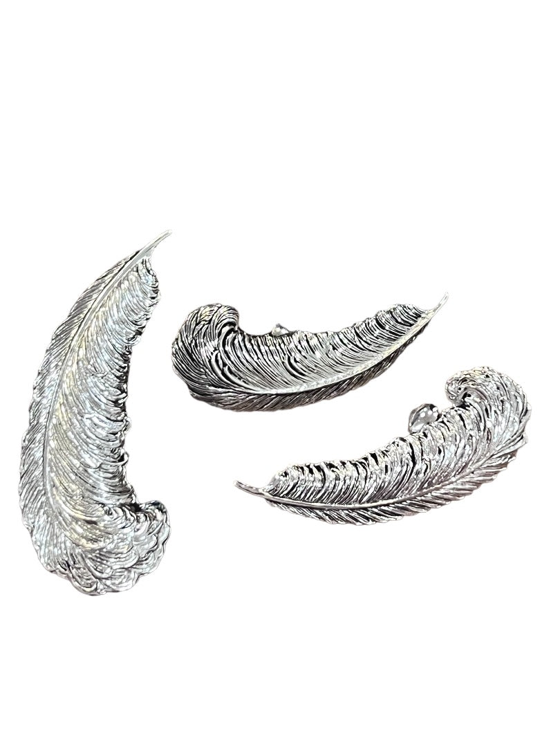 Silver Tone Feather Earrings and Brooch Set Vintage Clip On
