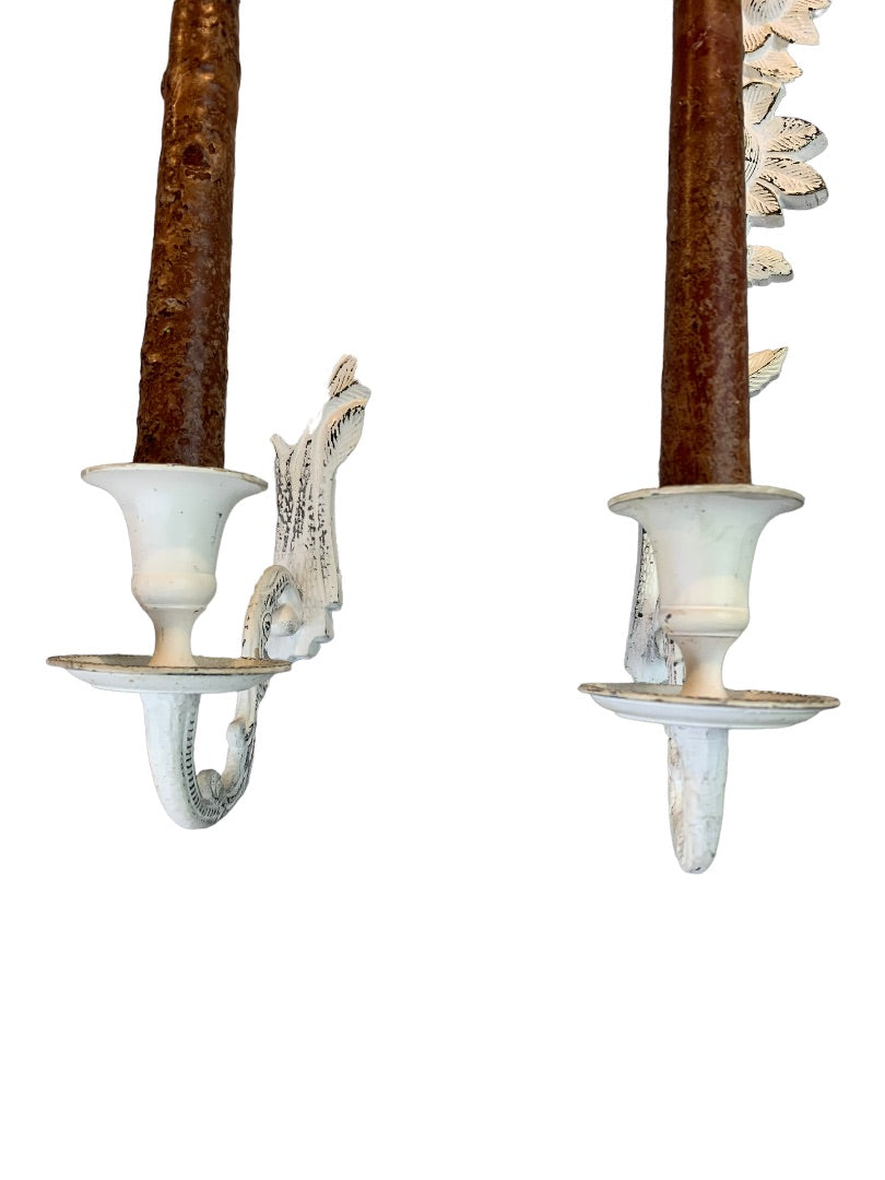 Shabby Chic White Cast Metal Candle Wall Sconces Distressed White Pair 18"h