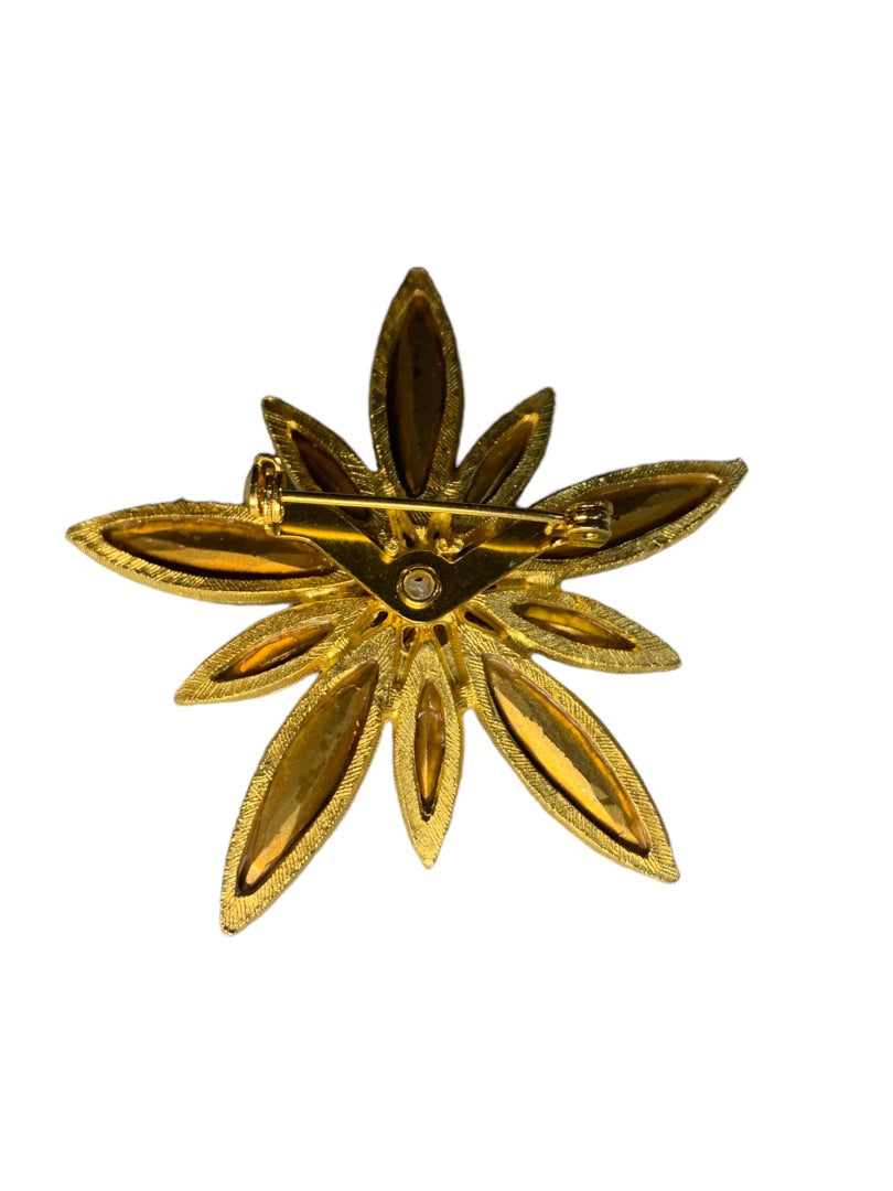 Vintage Goldtone Star Flower Brooch Amber Glass 2" Diameter Pin Retro