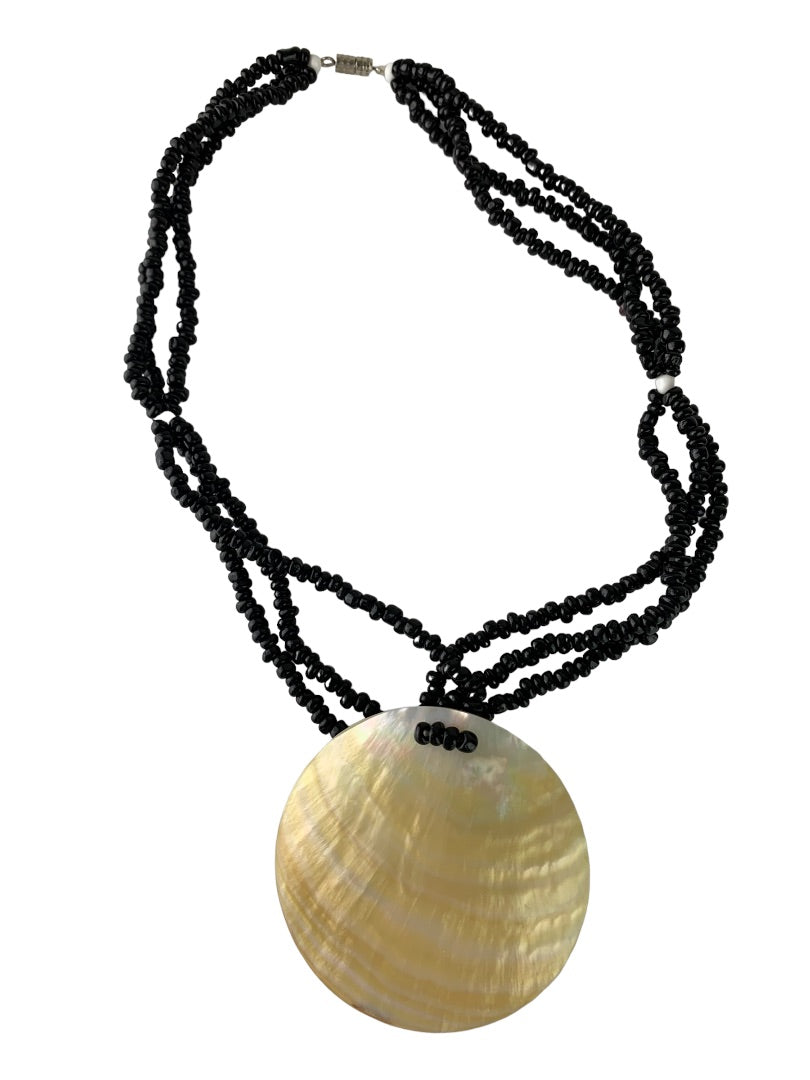 Shell Pendant Statement 16" Necklace Triple Black Beaded Strand Barrel Screw Closure