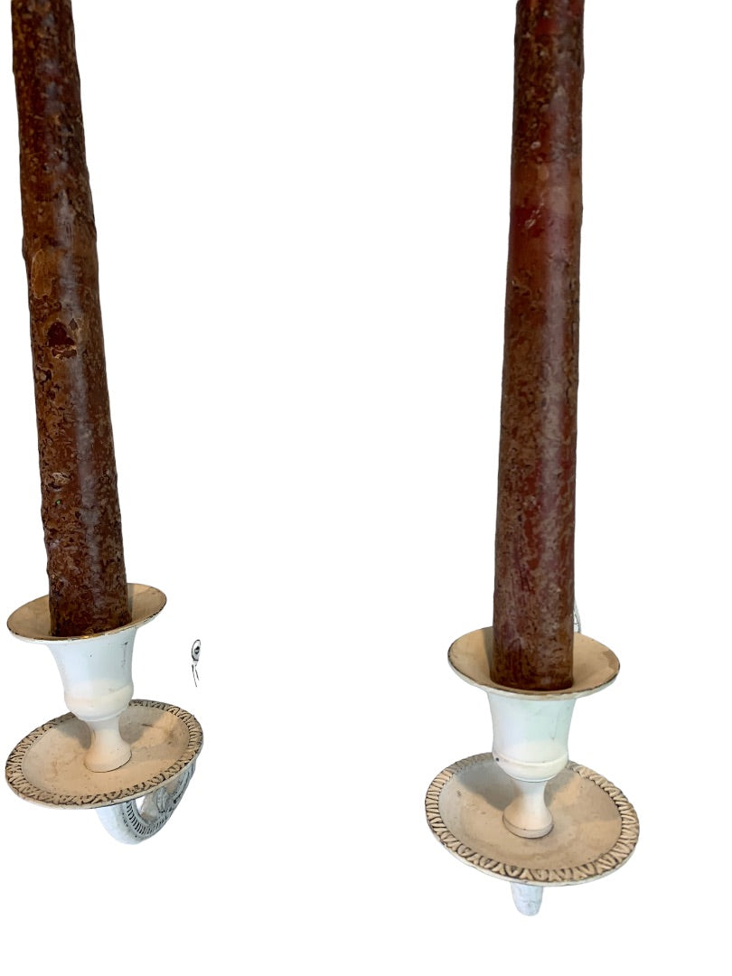 Shabby Chic White Cast Metal Candle Wall Sconces Distressed White Pair 18"h