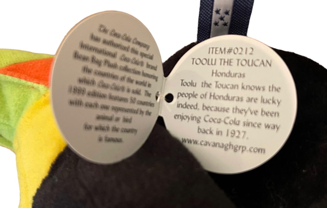 Coca Cola International Beanie 7.5" Plush Toolu the Toucan Honduras Bottle of Coke 1999