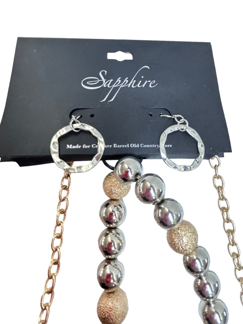 Sapphire Brand Jewelry Set Bracelet Necklace Pierced Earring New Silvertone Goldtone