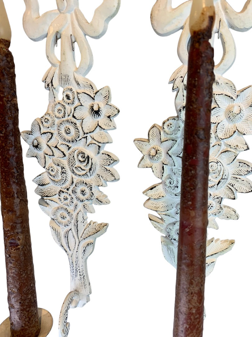 Shabby Chic White Cast Metal Candle Wall Sconces Distressed White Pair 18"h