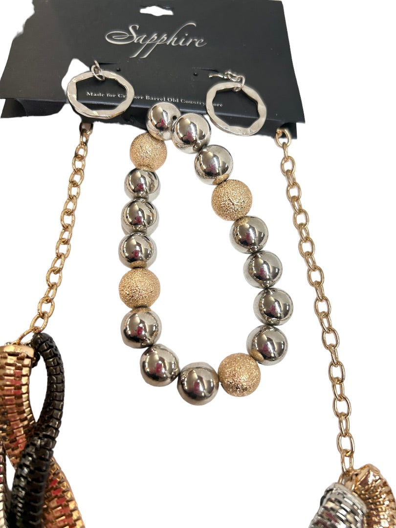 Sapphire Brand Jewelry Set Bracelet Necklace Pierced Earring New Silvertone Goldtone