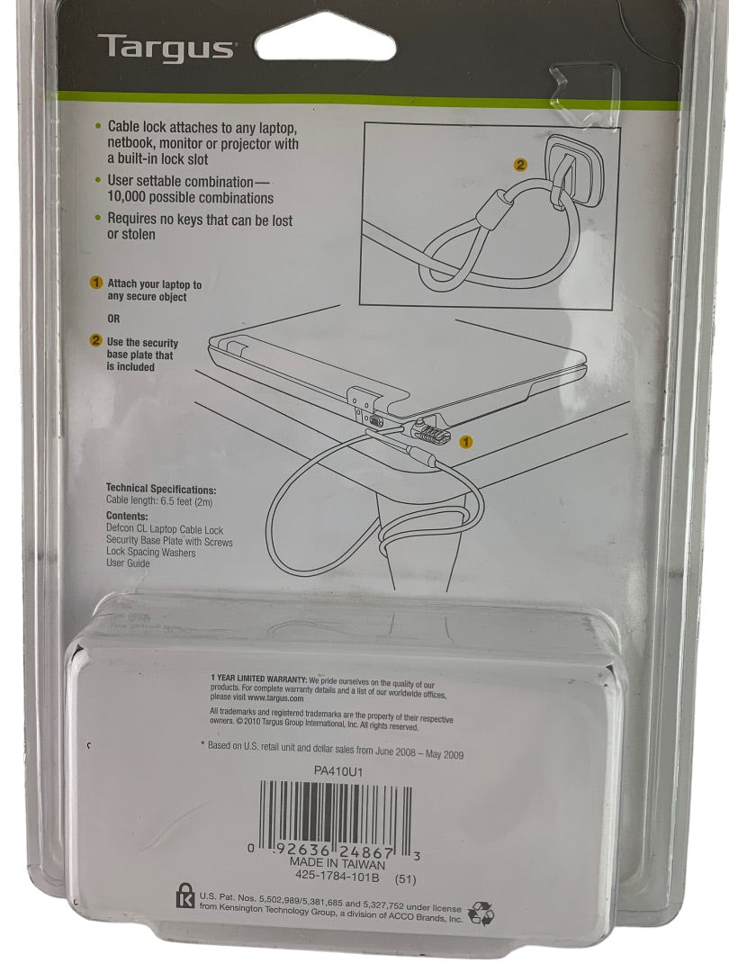 Targus Laptop Cable Lock Defcon CL 6.5ft long Combination Code Security Base