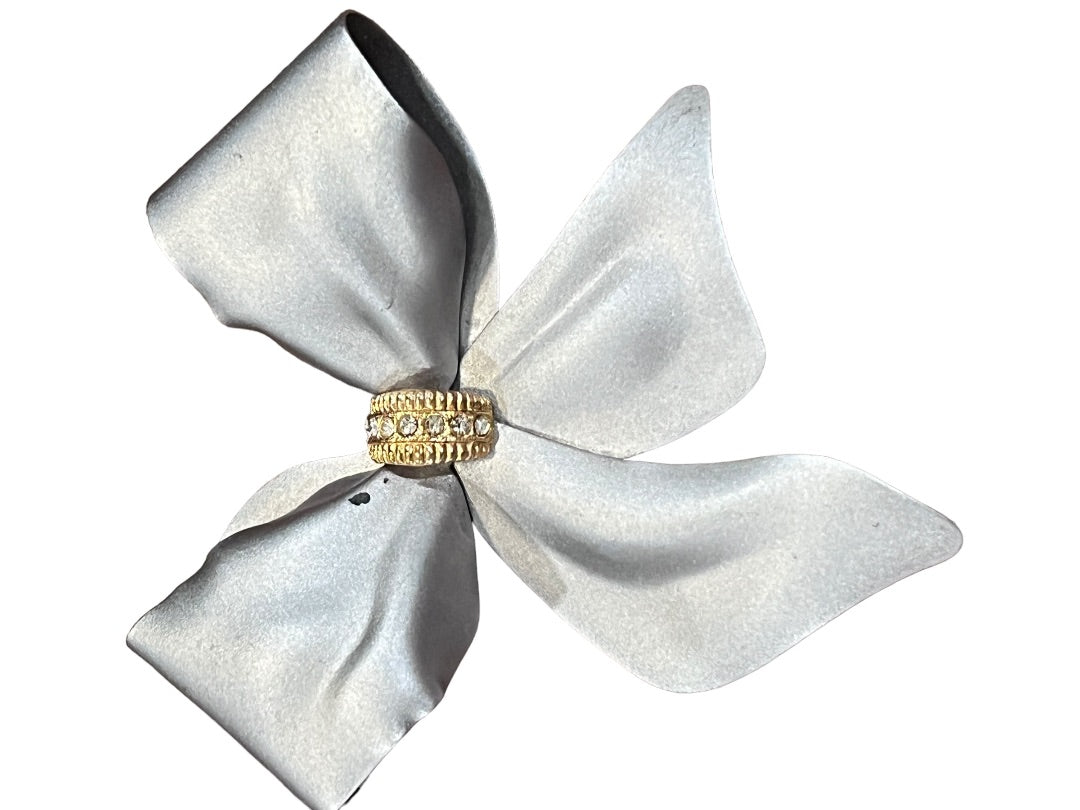 Matte Silver Bow Brooch Gold Tone Rhinestone Accent Pin