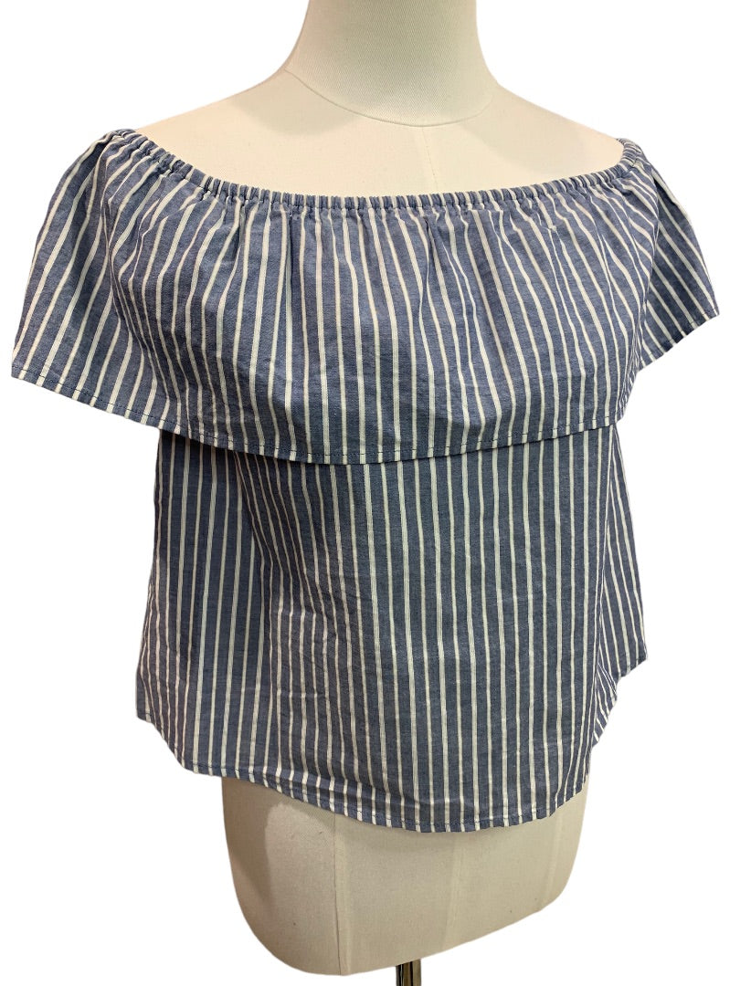 XS Xhilaration Women's Off the Shoulder Blue White Striped Shirt