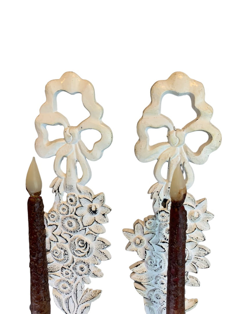 Shabby Chic White Cast Metal Candle Wall Sconces Distressed White Pair 18"h