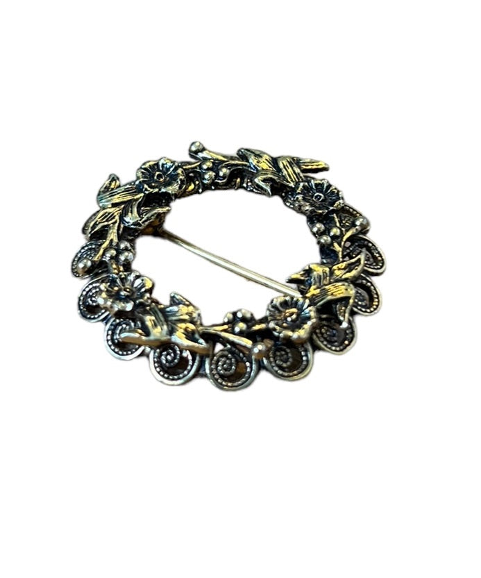 Vintage Floral Filagree Round Wreath Brooch 1.25" diameter