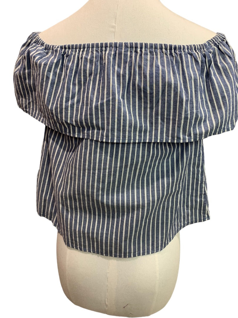 XS Xhilaration Women's Off the Shoulder Blue White Striped Shirt