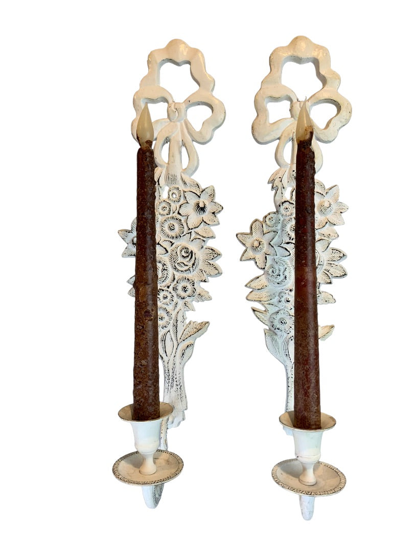 Shabby Chic White Cast Metal Candle Wall Sconces Distressed White Pair 18"h