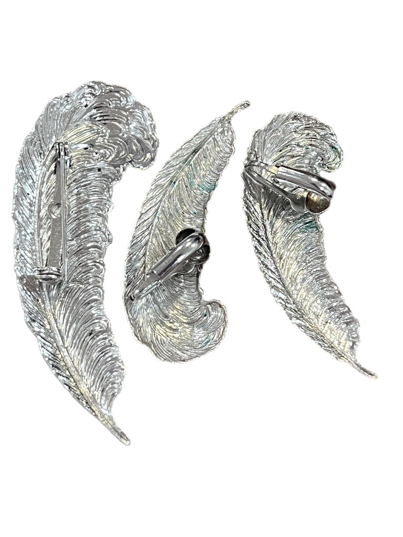 Silver Tone Feather Earrings and Brooch Set Vintage Clip On