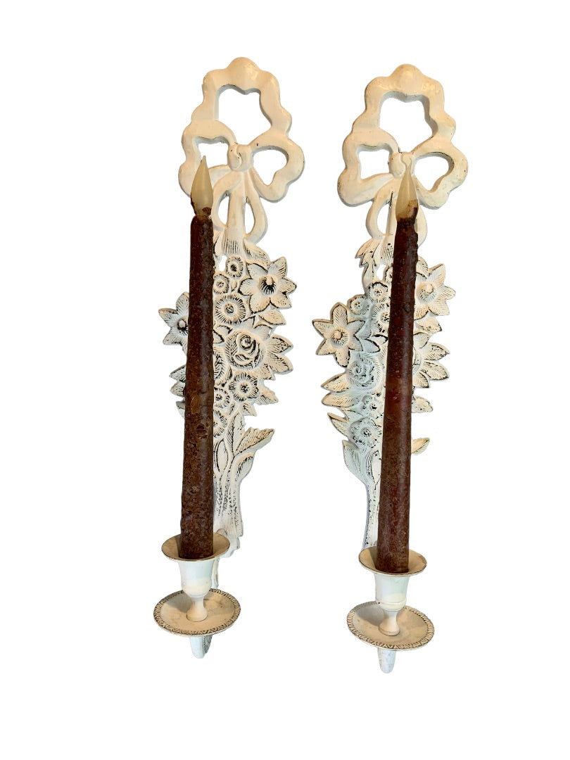 Shabby Chic White Cast Metal Candle Wall Sconces Distressed White Pair 18"h