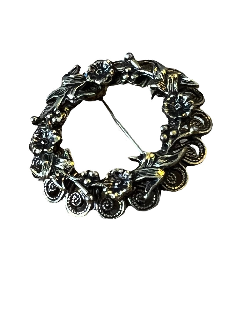 Vintage Floral Filagree Round Wreath Brooch 1.25" diameter