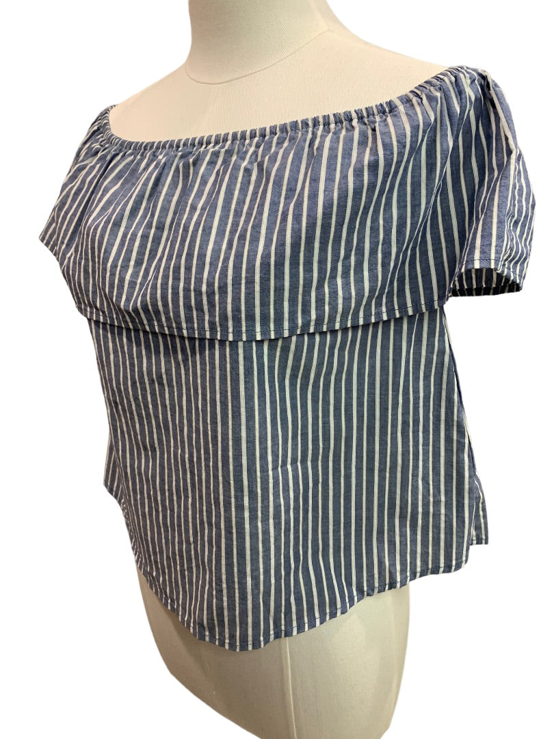XS Xhilaration Women's Off the Shoulder Blue White Striped Shirt