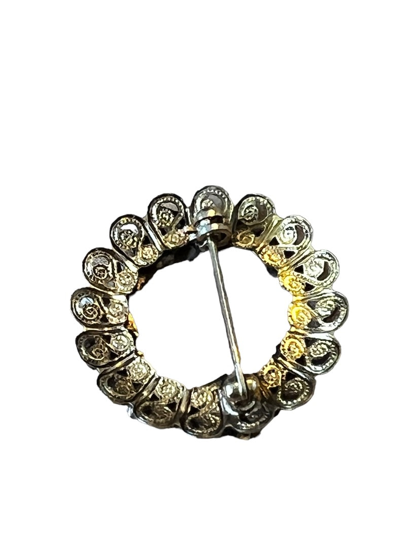 Vintage Floral Filagree Round Wreath Brooch 1.25" diameter