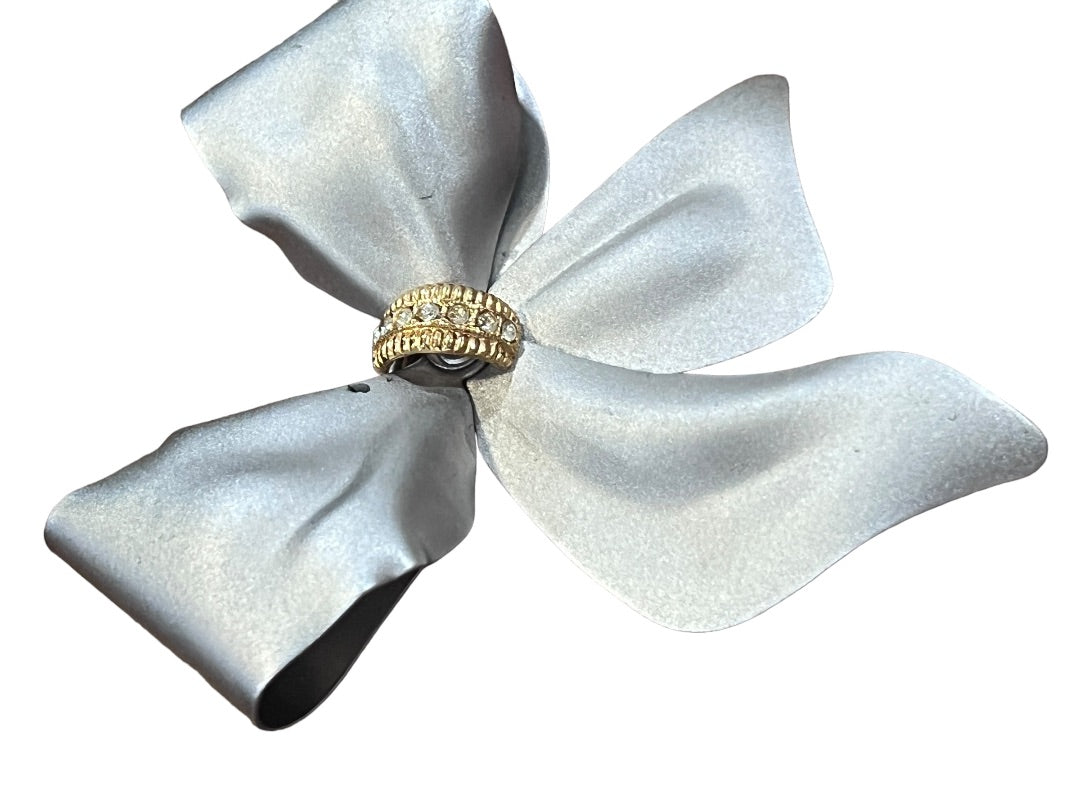 Matte Silver Bow Brooch Gold Tone Rhinestone Accent Pin