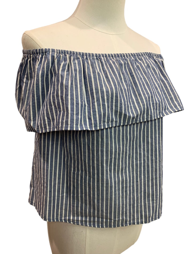 XS Xhilaration Women's Off the Shoulder Blue White Striped Shirt