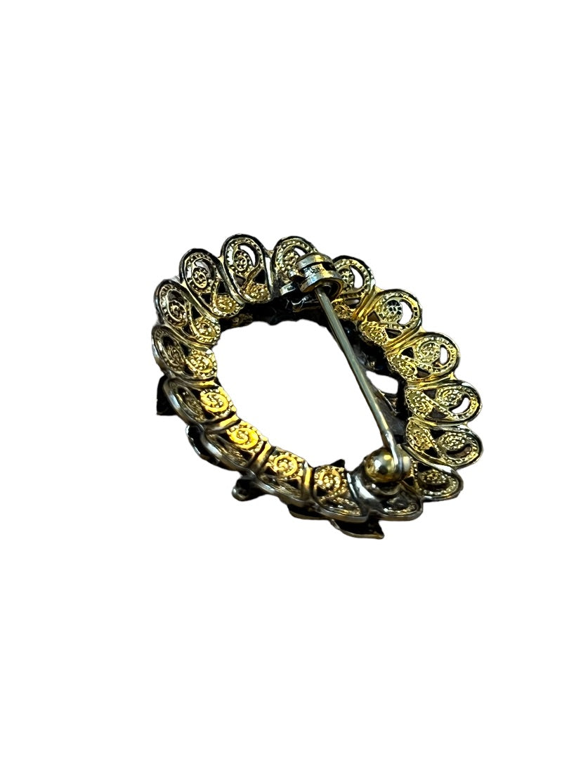 Vintage Floral Filagree Round Wreath Brooch 1.25" diameter