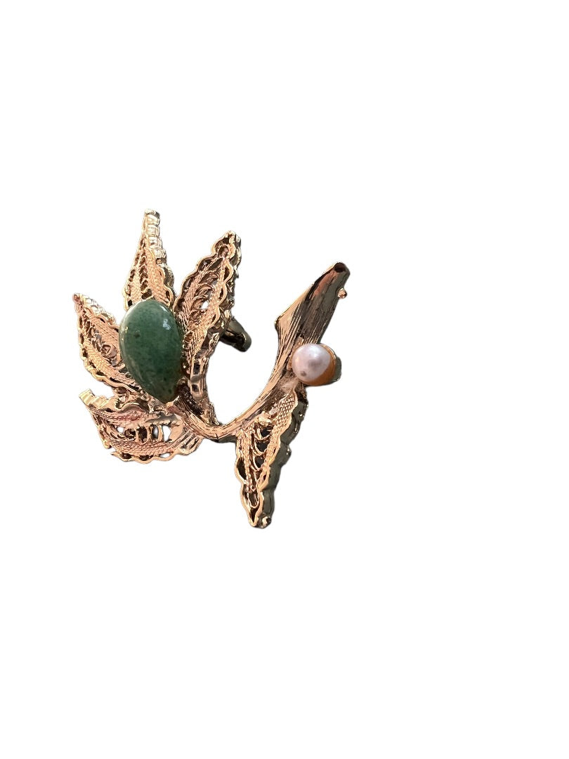 Vintage Flower Leaf Brooch Gold Tone Cabochon Pin Filagree