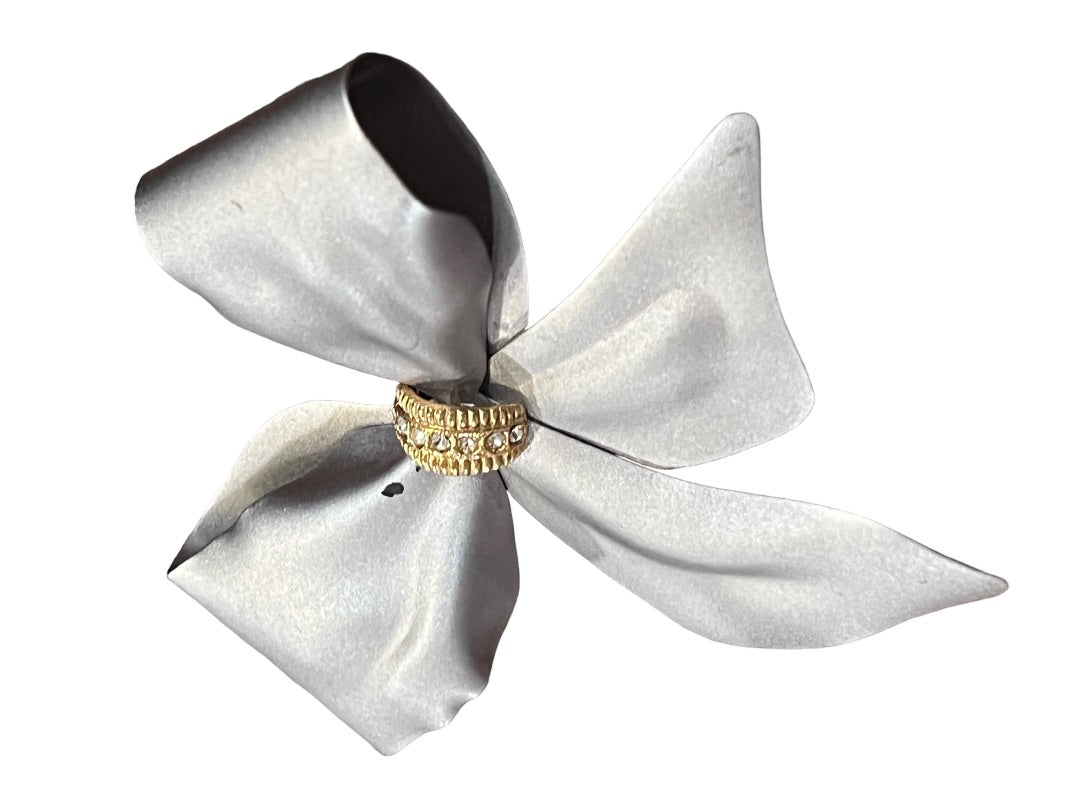 Matte Silver Bow Brooch Gold Tone Rhinestone Accent Pin