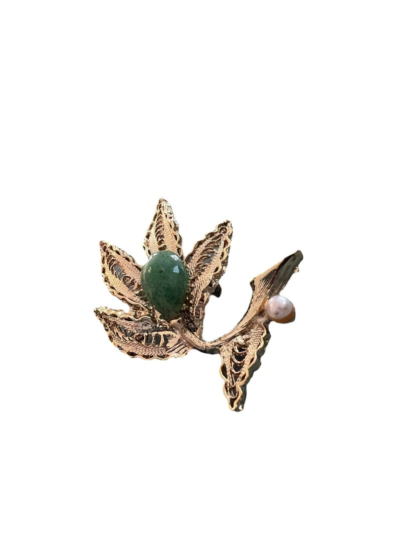 Vintage Flower Leaf Brooch Gold Tone Cabochon Pin Filagree