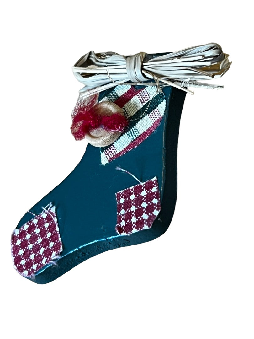Wooden Handmade Country Christmas Stocking Brooch 2.25" x 1.75"