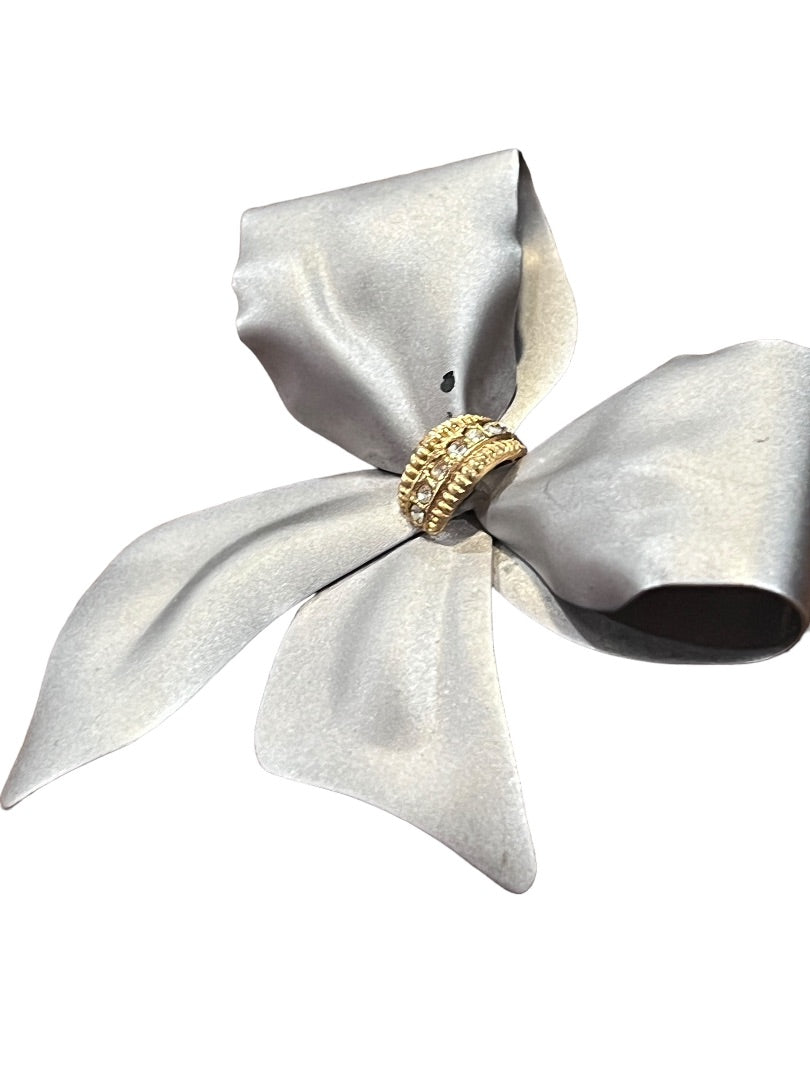 Matte Silver Bow Brooch Gold Tone Rhinestone Accent Pin
