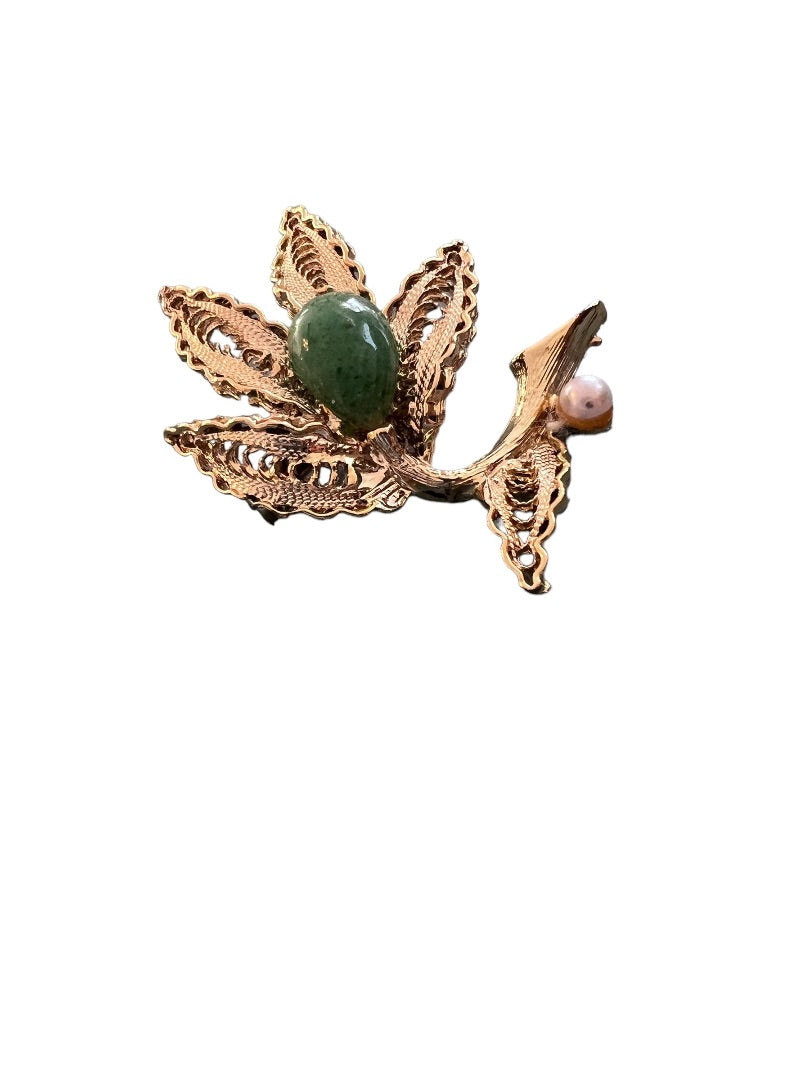 Vintage Flower Leaf Brooch Gold Tone Cabochon Pin Filagree