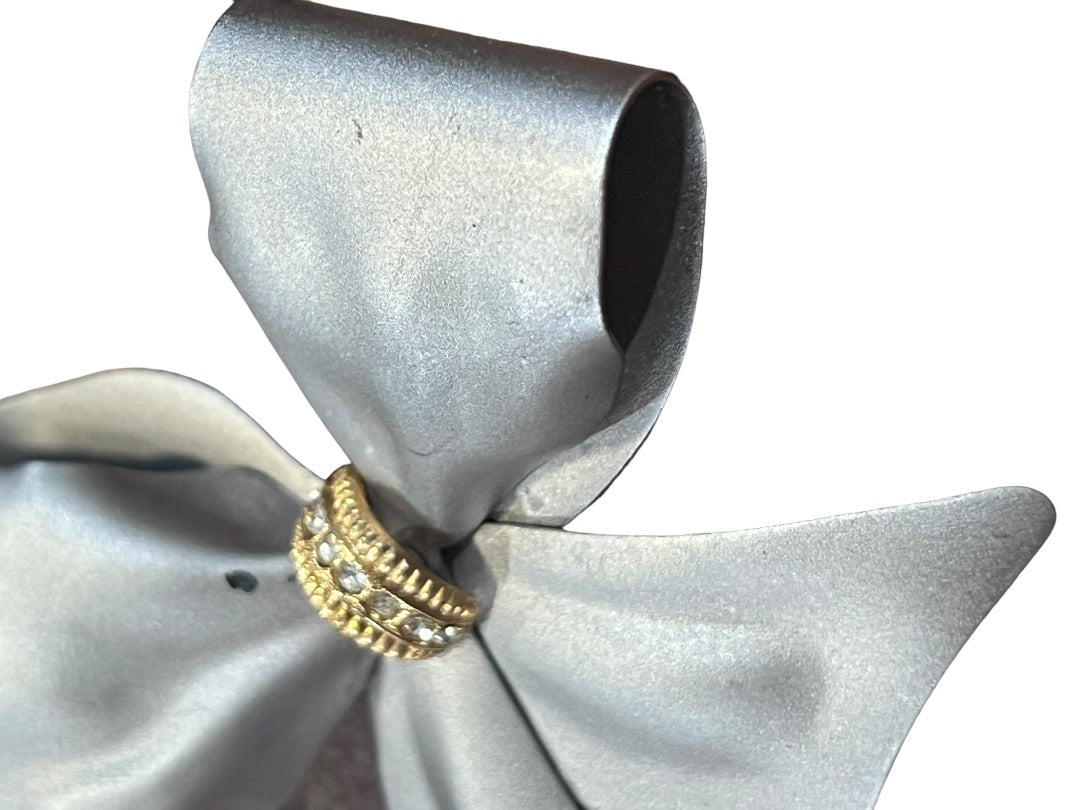 Matte Silver Bow Brooch Gold Tone Rhinestone Accent Pin
