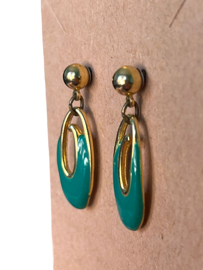Vintage Dangle Earrings Goldtone Green Enameled Post Pierced