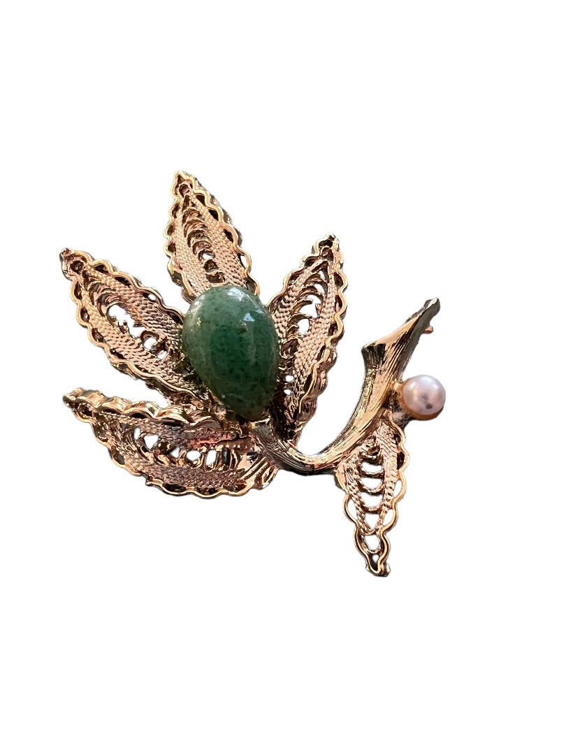 Vintage Flower Leaf Brooch Gold Tone Cabochon Pin Filagree