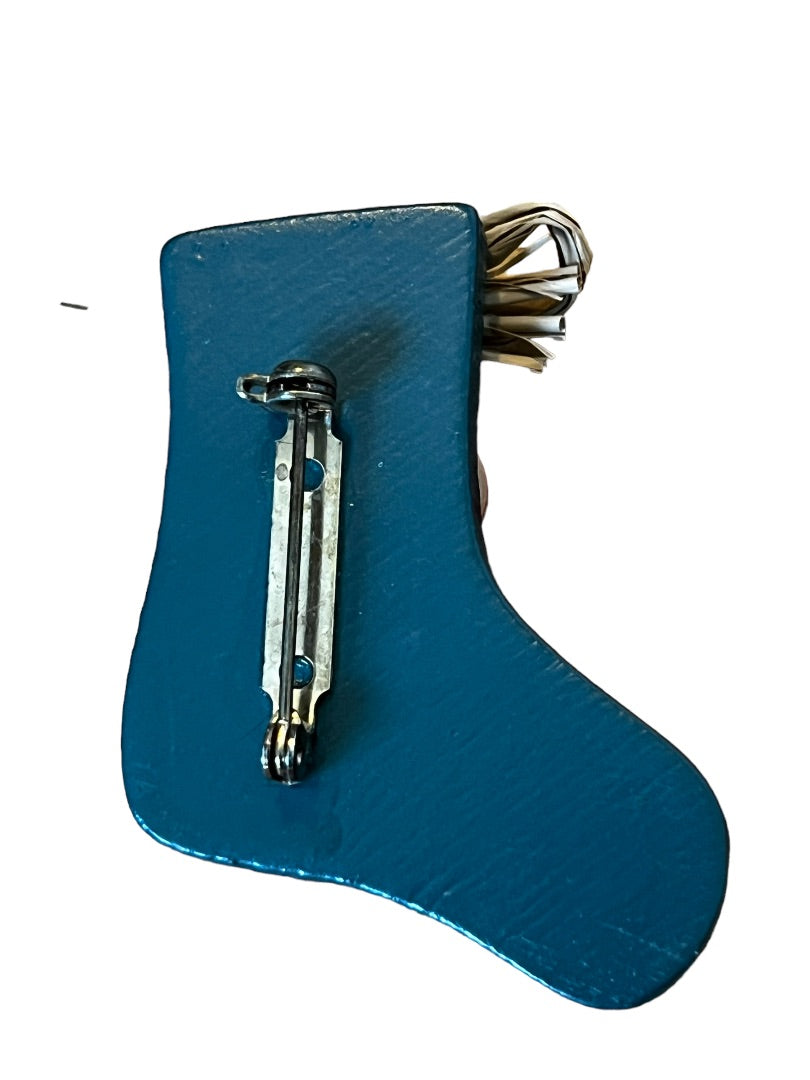 Wooden Handmade Country Christmas Stocking Brooch 2.25" x 1.75"