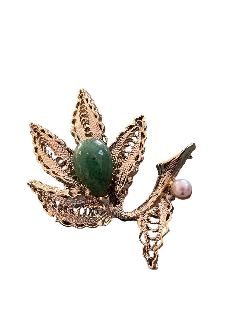 Vintage Flower Leaf Brooch Gold Tone Cabochon Pin Filagree