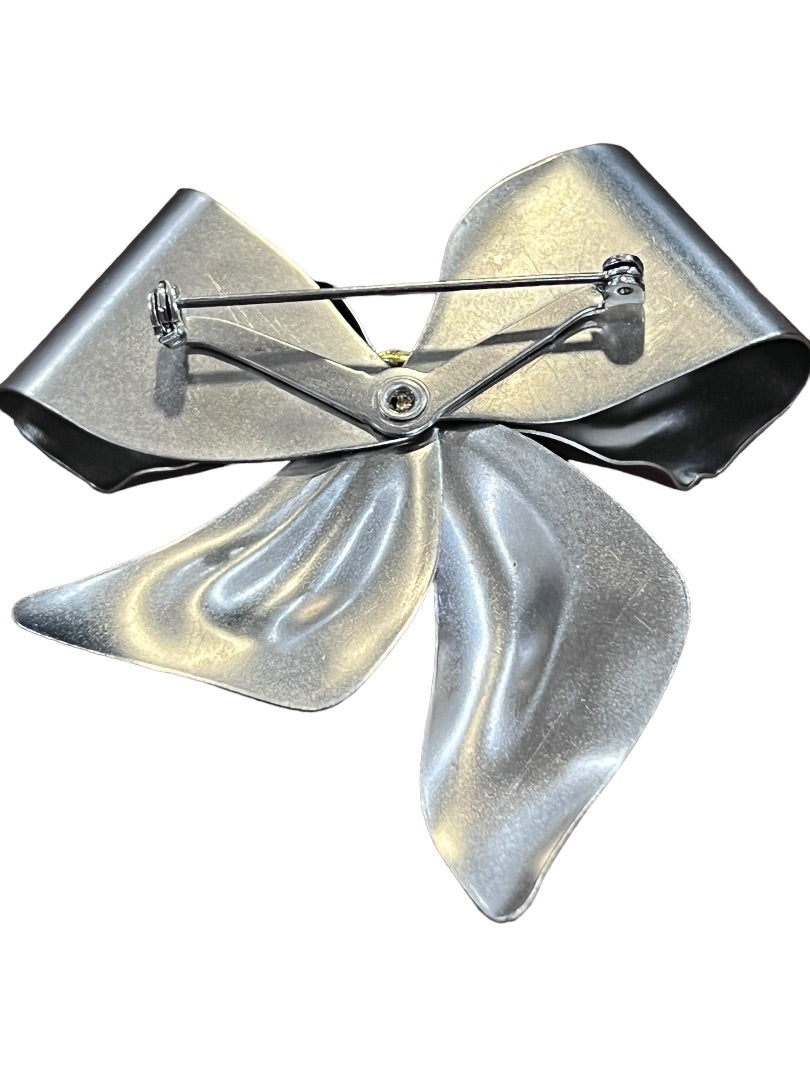 Matte Silver Bow Brooch Gold Tone Rhinestone Accent Pin
