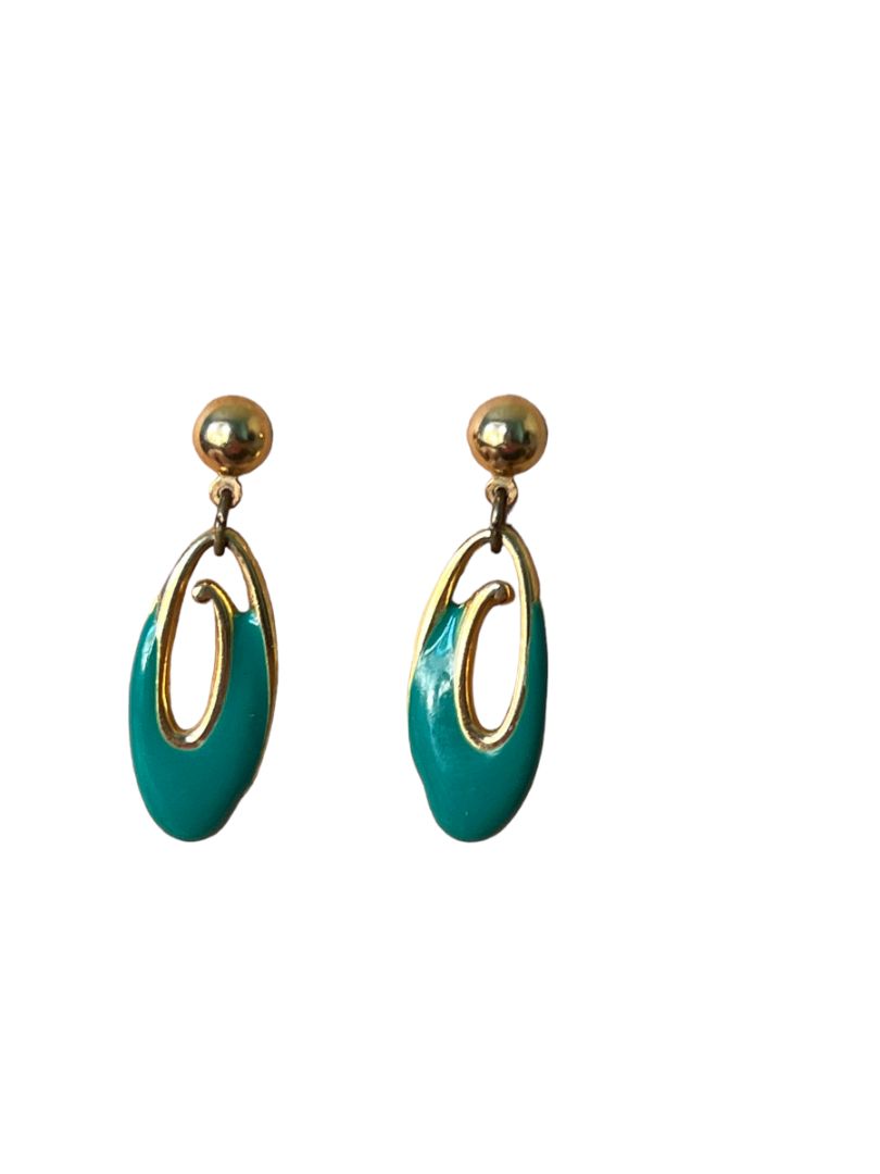 Vintage Dangle Earrings Goldtone Green Enameled Post Pierced