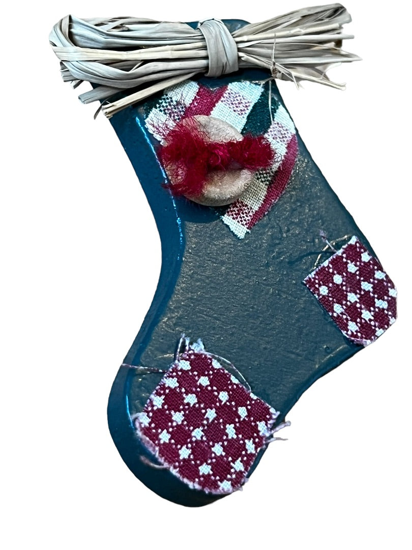 Wooden Handmade Country Christmas Stocking Brooch 2.25" x 1.75"