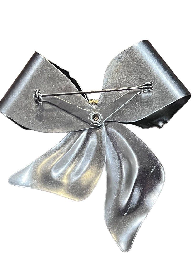 Matte Silver Bow Brooch Gold Tone Rhinestone Accent Pin
