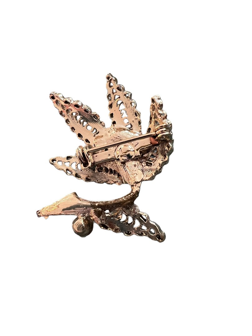 Vintage Flower Leaf Brooch Gold Tone Cabochon Pin Filagree