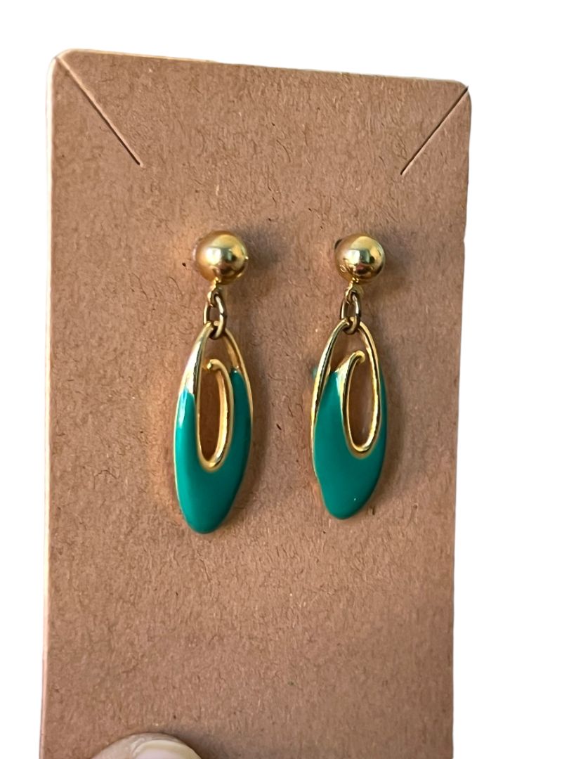 Vintage Dangle Earrings Goldtone Green Enameled Post Pierced