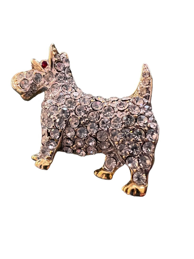 Scotty Terrier Dog Jeweled with Crystals Brooch Gold Tone