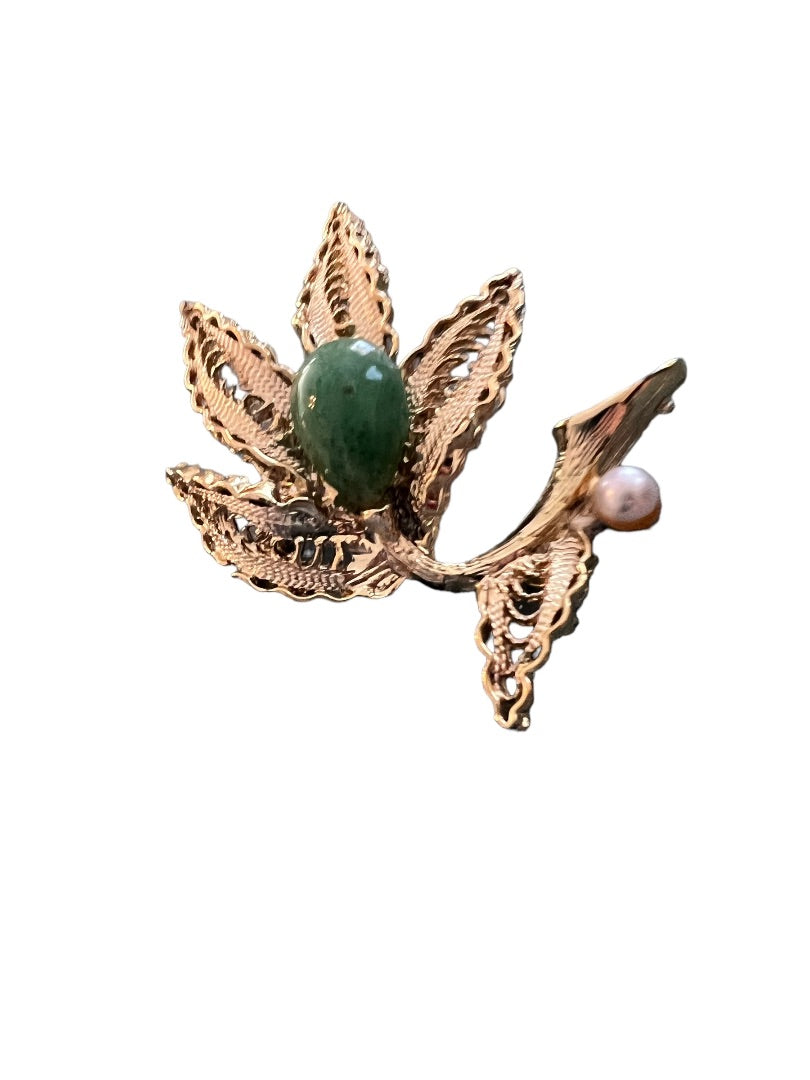 Vintage Flower Leaf Brooch Gold Tone Cabochon Pin Filagree