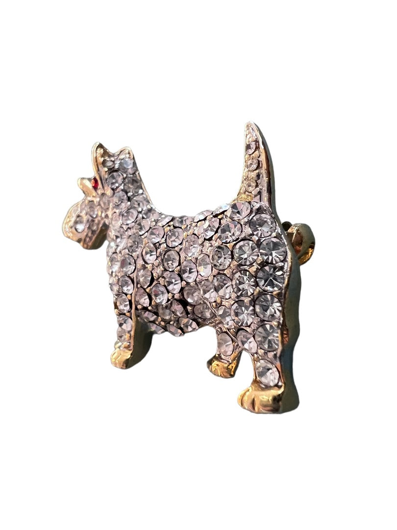 Scotty Terrier Dog Jeweled with Crystals Brooch Gold Tone