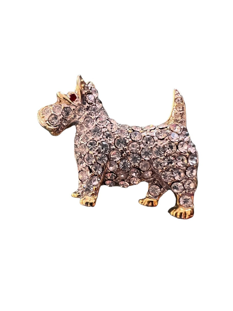 Scotty Terrier Dog Jeweled with Crystals Brooch Gold Tone