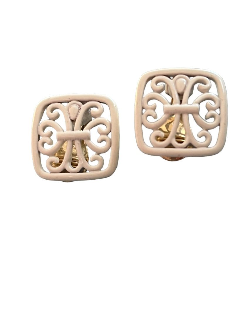 Vintage Monet White Enamel Filagree Square Earrings Clip On Preppy