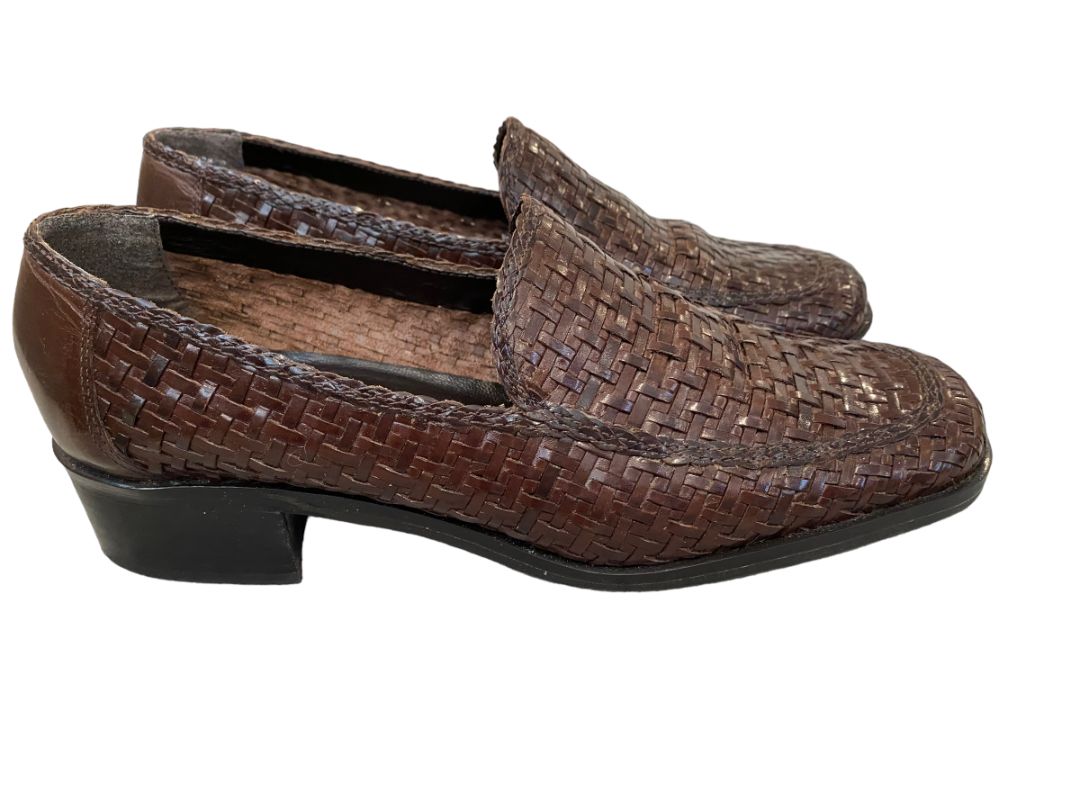 9N Enzo Angiolini Dark Brown Woven Leather Blaock Heel Flats Career Shoes