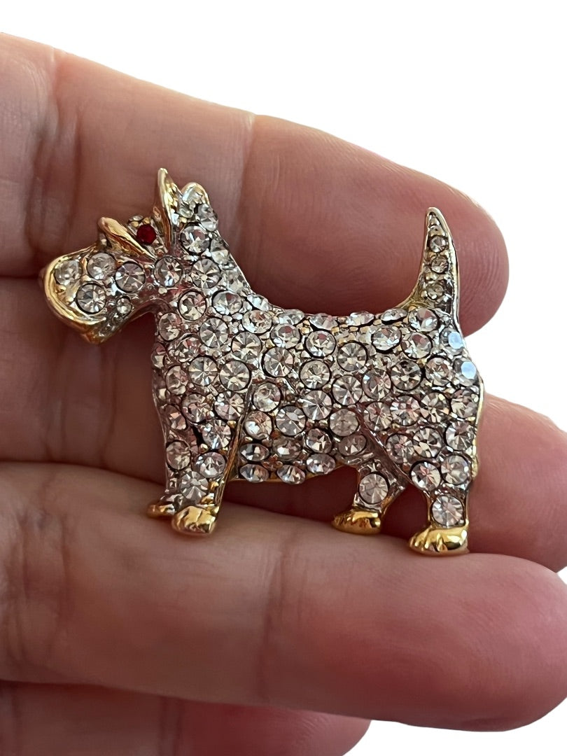 Scotty Terrier Dog Jeweled with Crystals Brooch Gold Tone