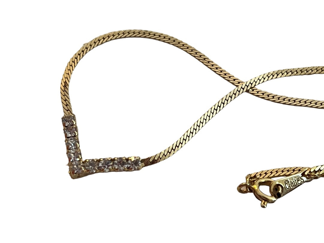 17" Serpentine Gold Tone V Shaped Rhinestone Inlaid Necklace